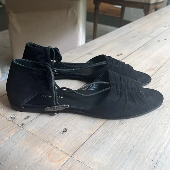 🆕 Longchamp Drawcord Toggle Leather and Suede Sandal in Black. Size 40 - Picture 4 of 9
